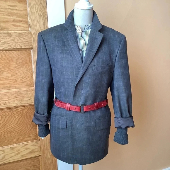VINTAGE Hyde Park Gray Wool & Silk Plaid Blazer Size 40S - Picture 14 of 16